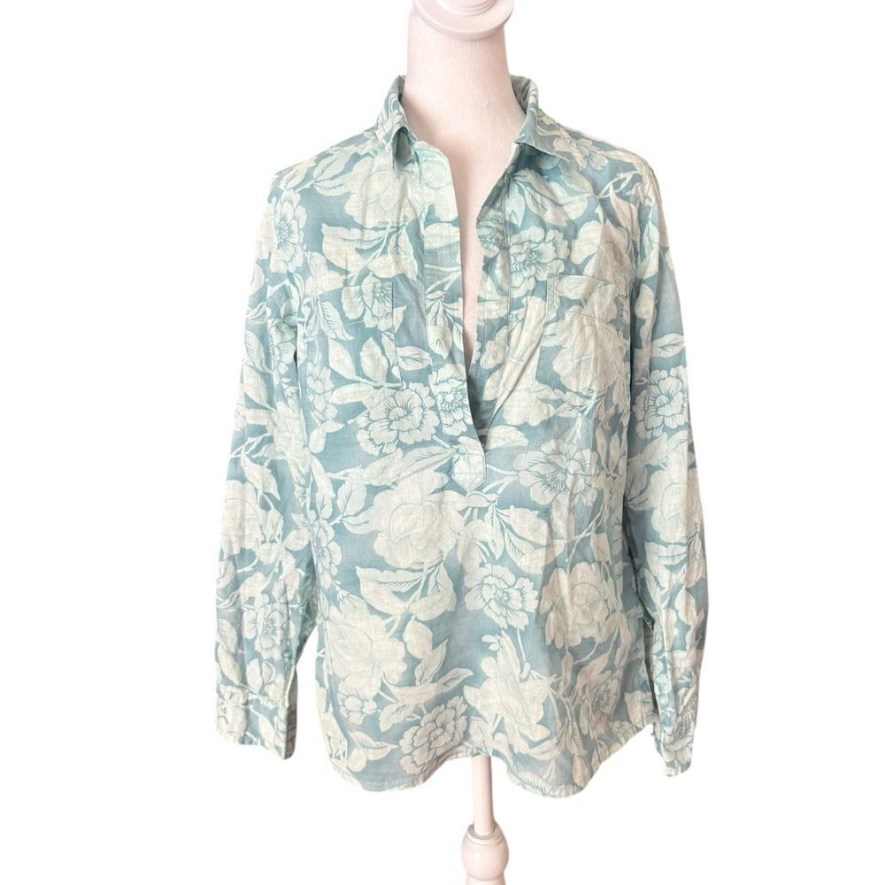 LL Bean V Neck Blouse Shirt Blue Floral Cotton Long Sleeve Womens Small